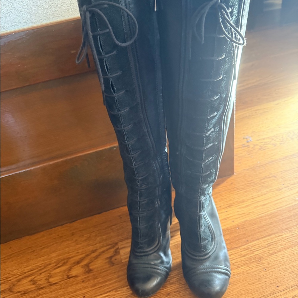 Women ms Leather Black Knee-High Boots with side zipper and ties